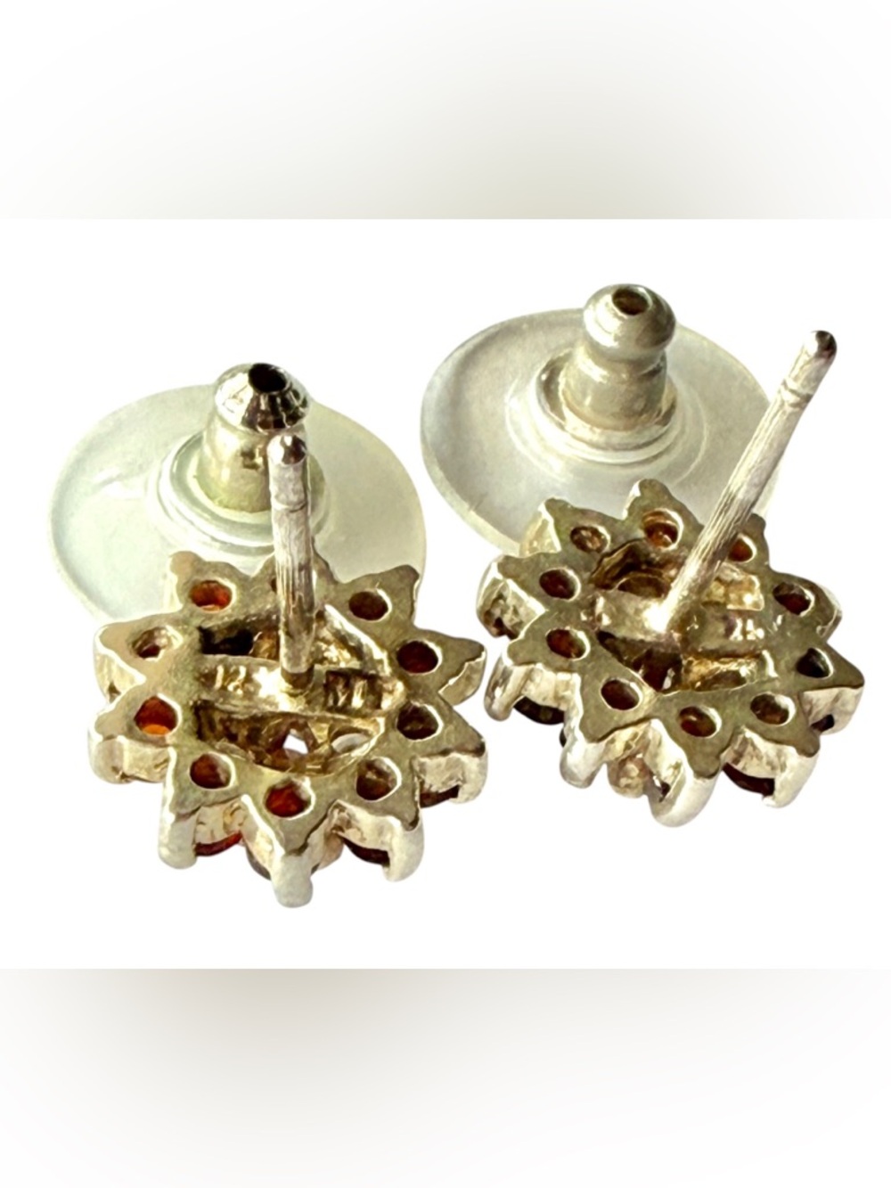 925 Sterling Silver Garnet & White Topaz Pierced Earrings Vintage - Picture 7 of 8